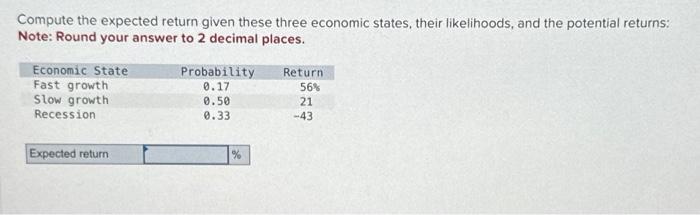  Compute the expected return given these three economic states, their likelihoods,
