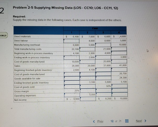 Problem 2-5 Supplying Missing Data (L05 - CC10; L06 - CC11,