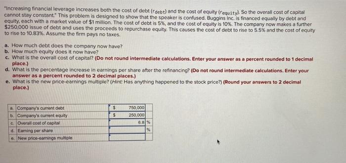 pard d) and e) please "Increasing financial leverage increases both the cost