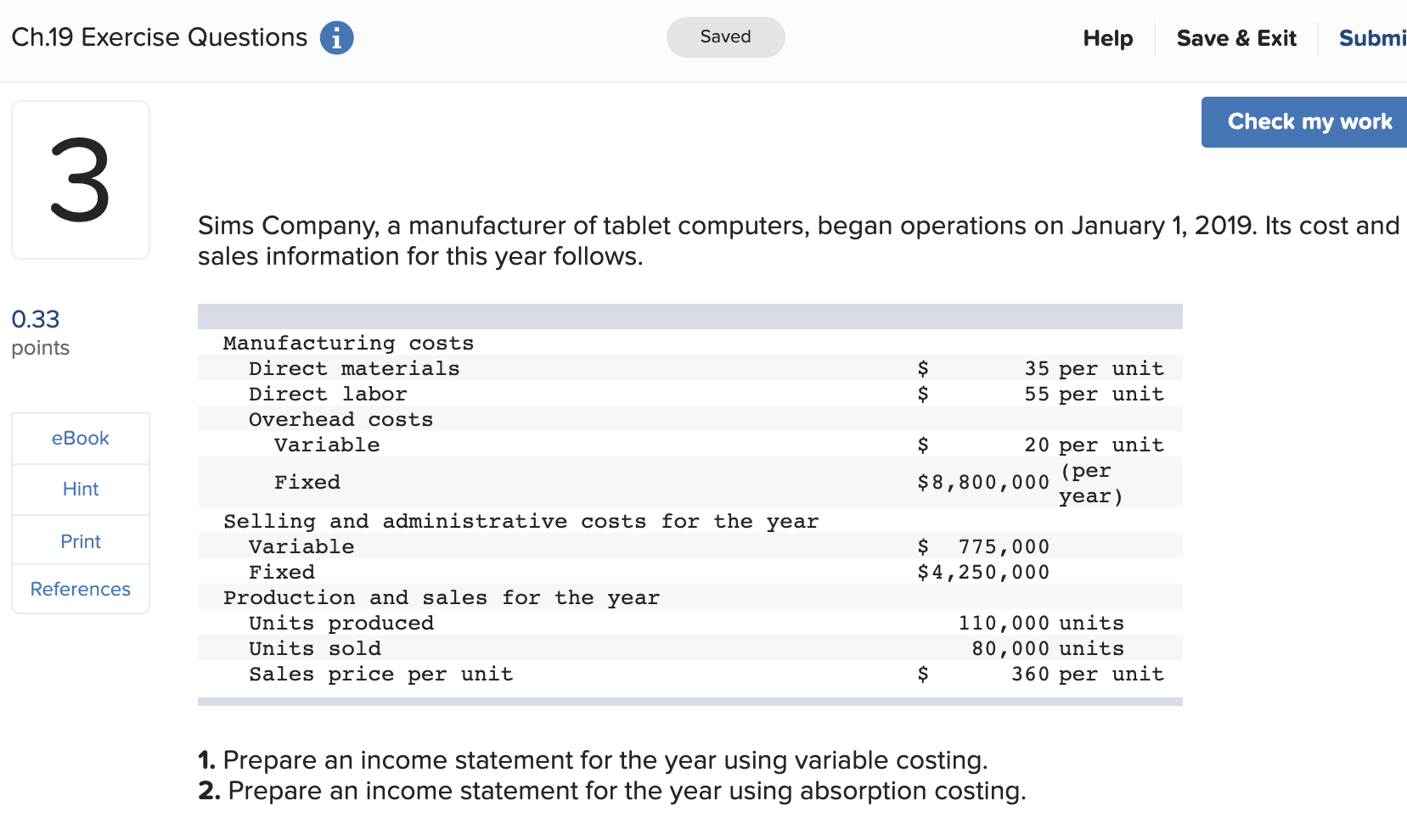  Ch.19 Exercise Questions i Saved Help Save & Exit Submi Check