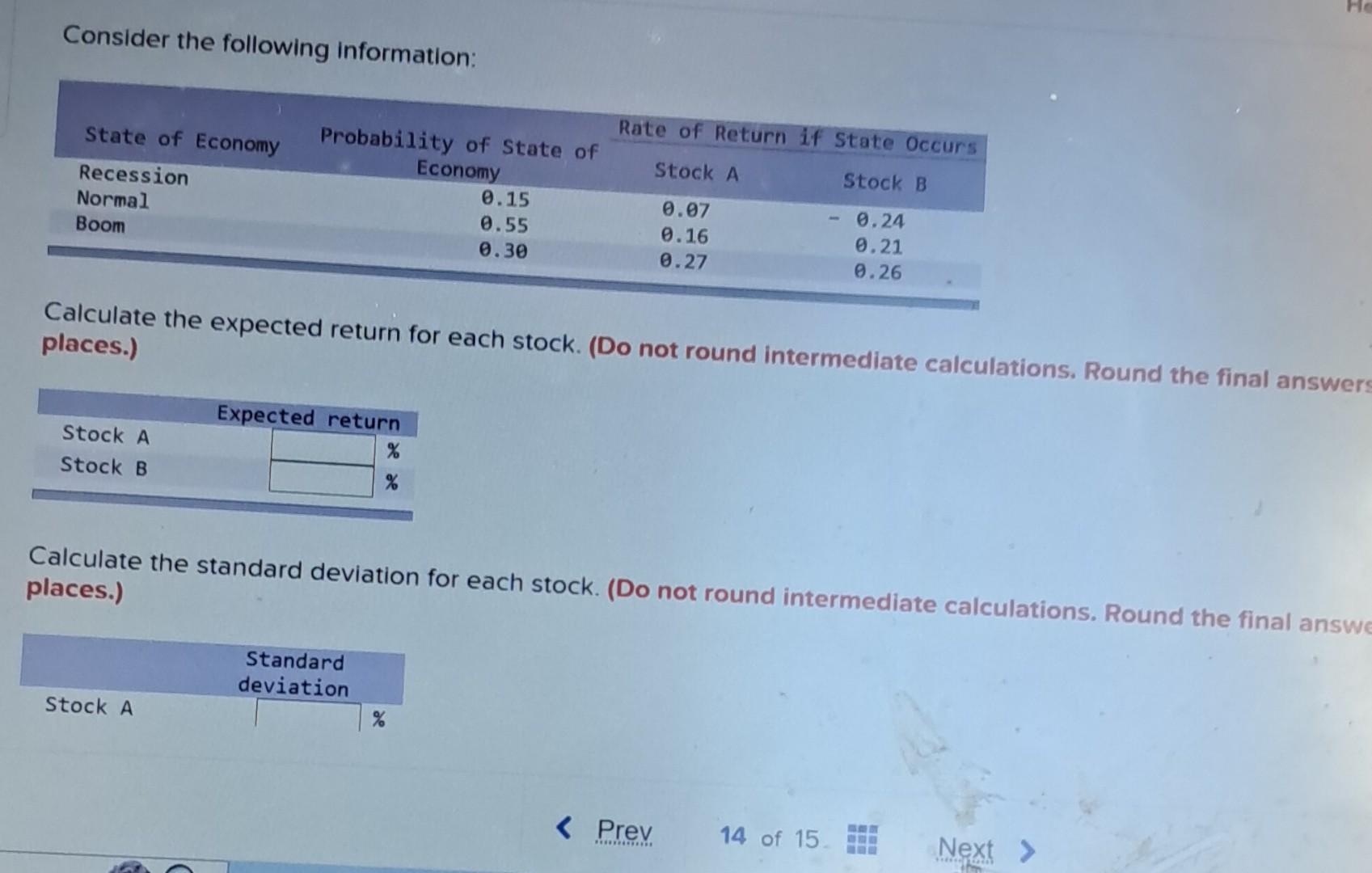 Consider the following information: Calculate the expected return for each stock.