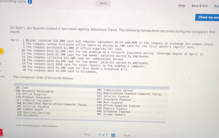  Accounting Cycle Saved Help Save & Exit Sut Check my wor