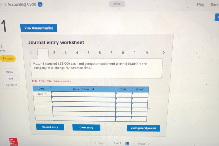 The following transactions occurred during the company's first month. April 1 Nozoni