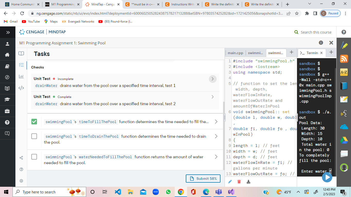 properties of a swimming pool. Your class should have the instance variables