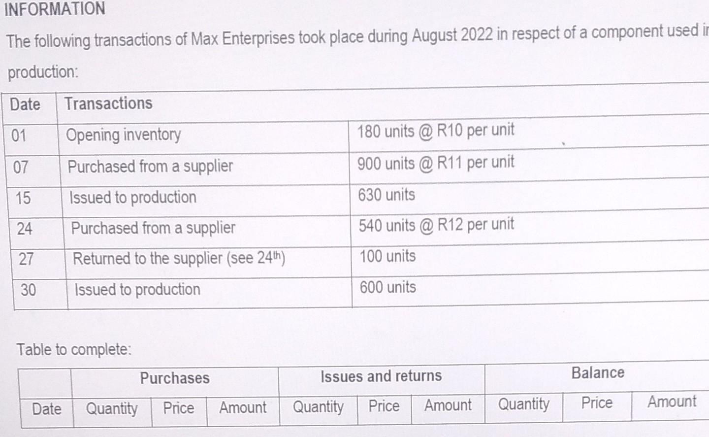 use the First in First out method to complete the table