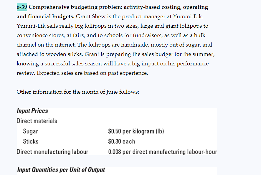  6-39 Comprehensive budgeting problem; activity-based costing, operating and financial budgets. Grant