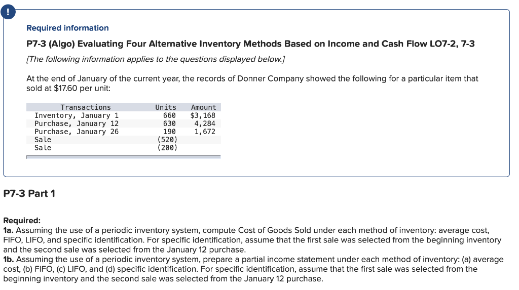  Required information P7-3 (Algo) Evaluating Four Alternative Inventory Methods Based on