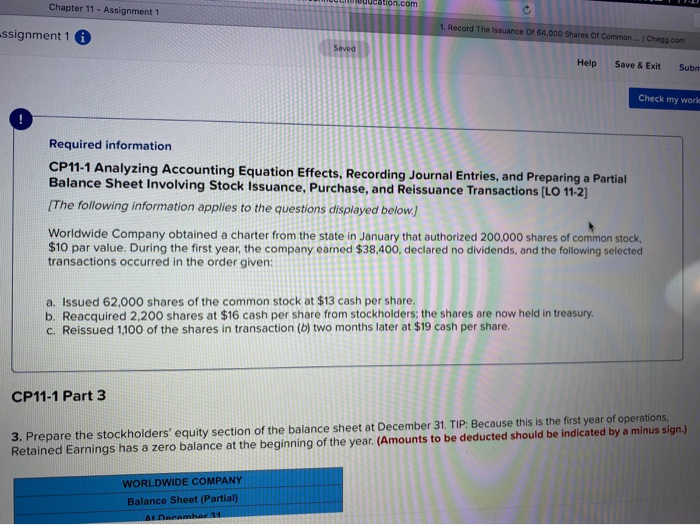  ucation.com Chapter 11 - Assignment 1 1. Record The Issuance Of
