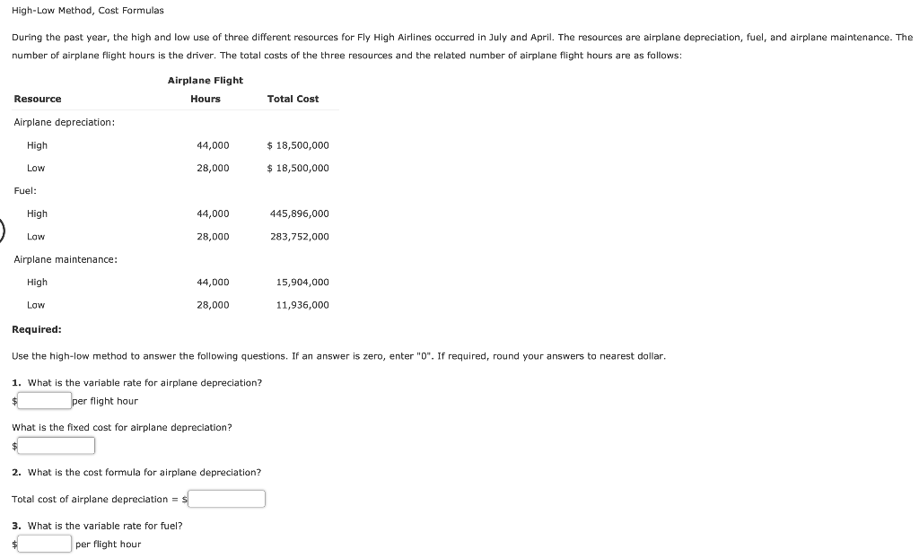 High-Low Method, Cast Formulas During the past year, the high and
