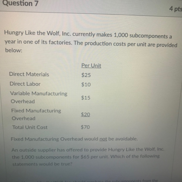  Question 7 4 pts Hungry Like the Wolf, Inc. currently makes