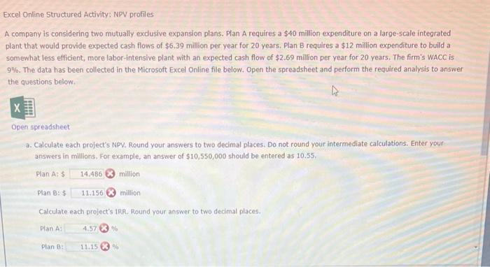  xcel Online Structured Activity; NPV profiles company is considering two mutually