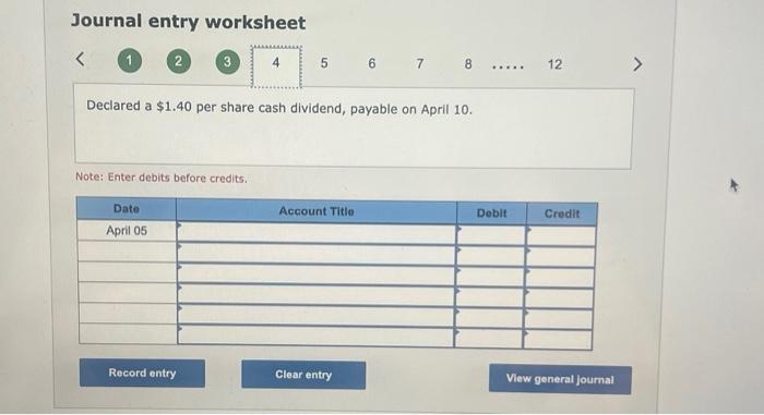 January 10. March 20 Purchased treasury stock for cash. Aprit 5 Declared