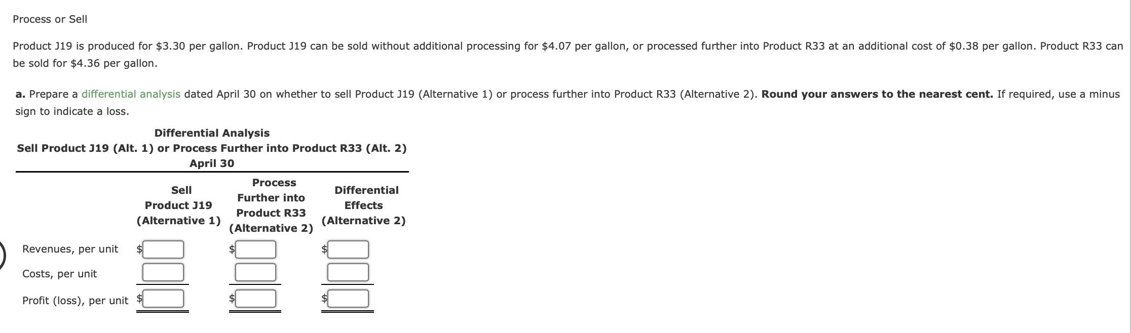 Process or Sell Product J19 is produced for $3.30 per gallon. Product