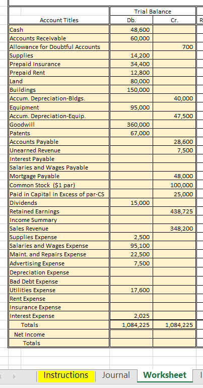 this application assignment, you are going to complete a Worksheet, Income Statement,