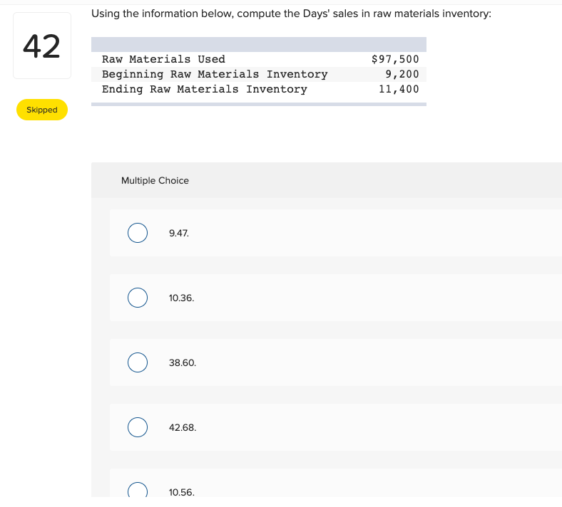 Using the information below, compute the Days' sales in raw materials