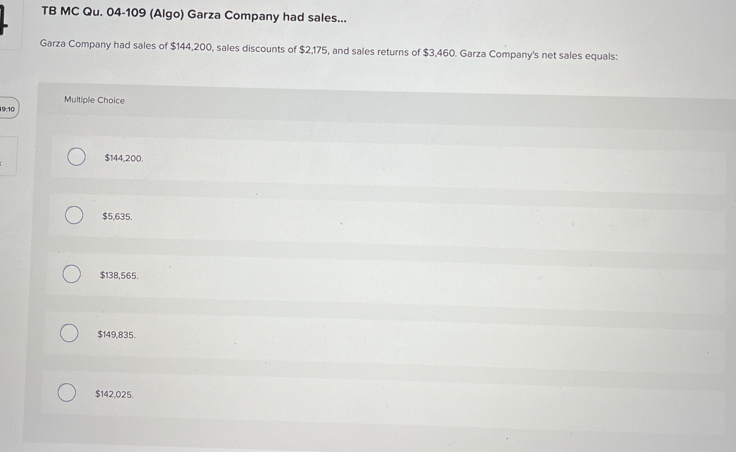  TB MC Qu.04-109(Algo) Garza Company had sales... Garza Company had sales