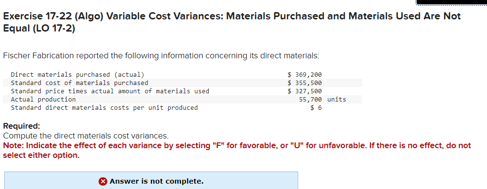 of each variance by selecting "F" for favorable, or "U" for unfavorable.