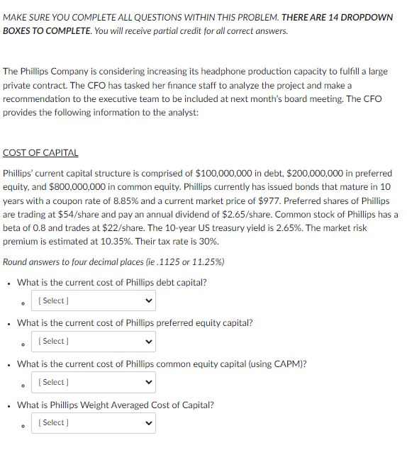 14 DROPDOWN BOXES TO COMPLETE. You will receive partial credit for all