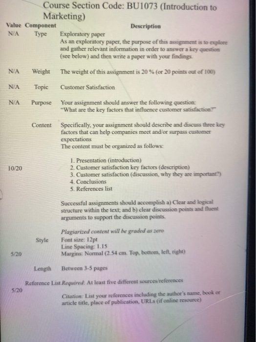  Course Section Code: BU1073 (Introduction to Marketing) Value Component Description NA