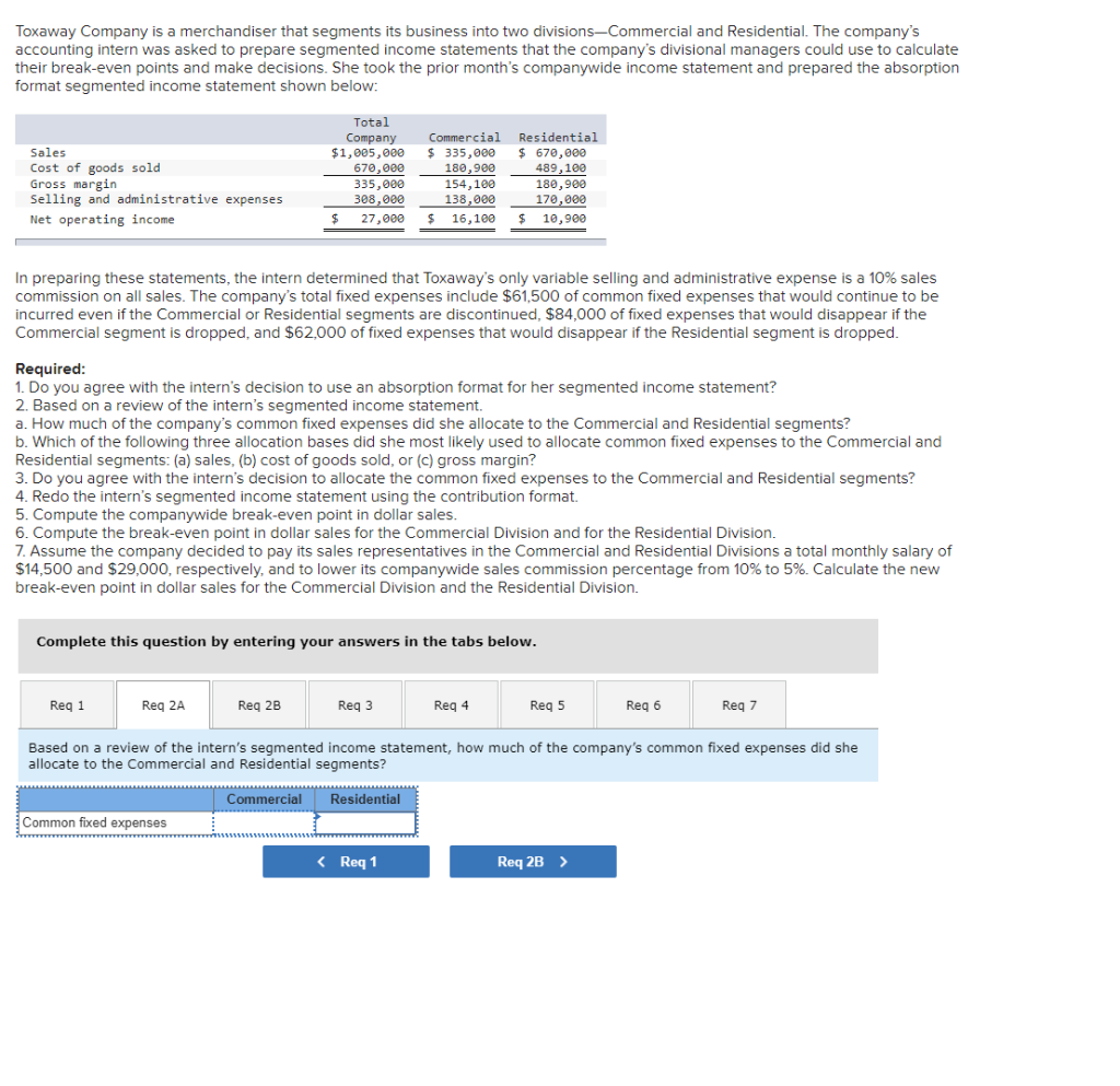  Toxaway Company is a merchandiser that segments its business into two