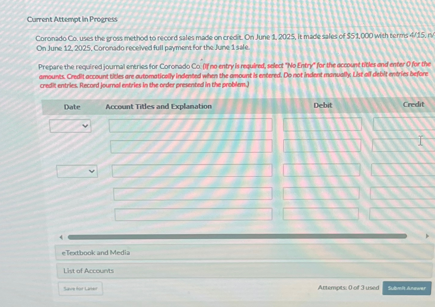  Current Attempt in Progress Coronado Co. uses the gross method to