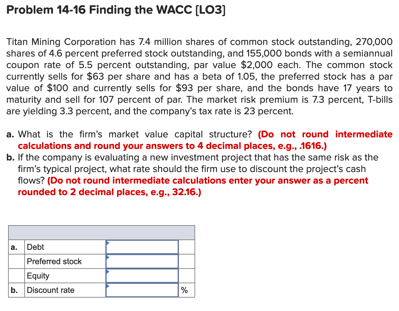  Problem 14-16 Finding the WACC (LO3] Titan Mining Corporation has 7.4
