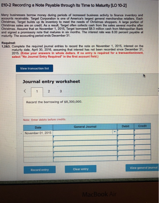  E10-2 Recording a Note Payable through Its Time to Maturity [LO