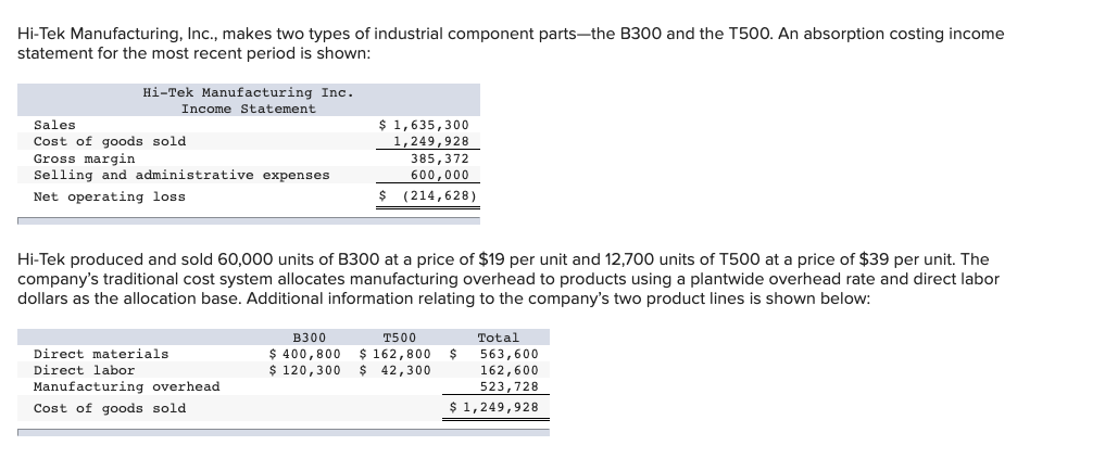  !!!!!!!!!! PLEASE ANSWER ALL QUESTIONS!!!!!!!!!!!!! Hi-Tek Manufacturing, Inc., makes two types