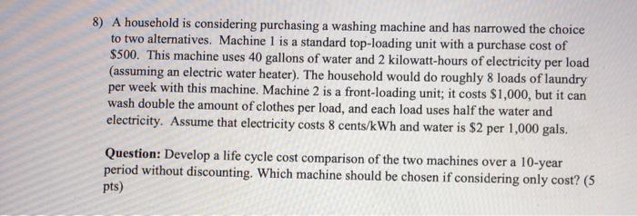  8) A household is considering purchasing a washing machine and has
