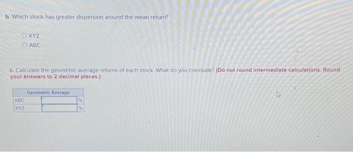 of return of stocks ABC and XYZ b. Which stock has greater