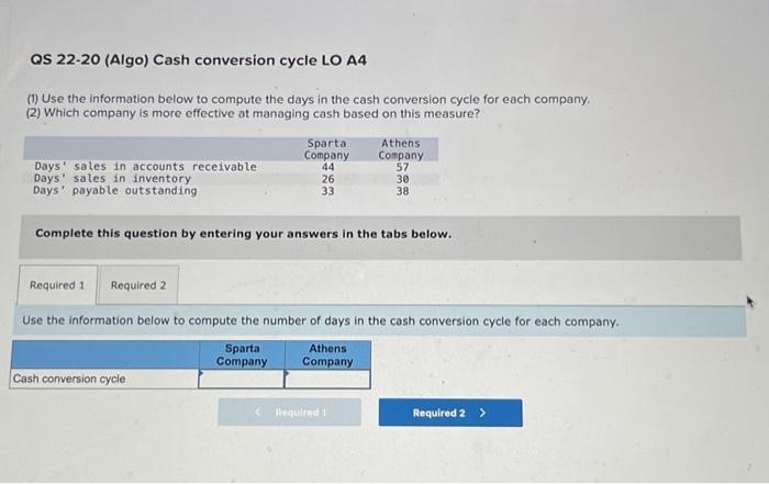  QS 22-20 (Algo) Cash conversion cycle LO A4 (1) Use the