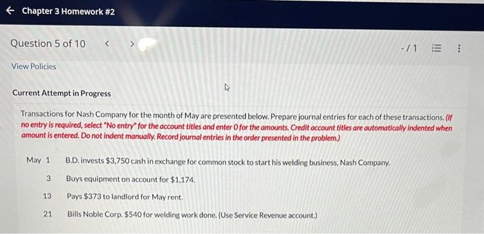  Current Attempt in Progress Transactions for Nash Company for the month