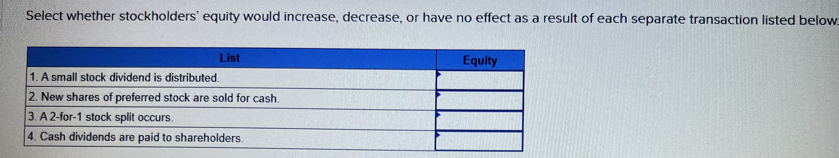  Select whether stockholders' equity would increase, decrease, or have no effect