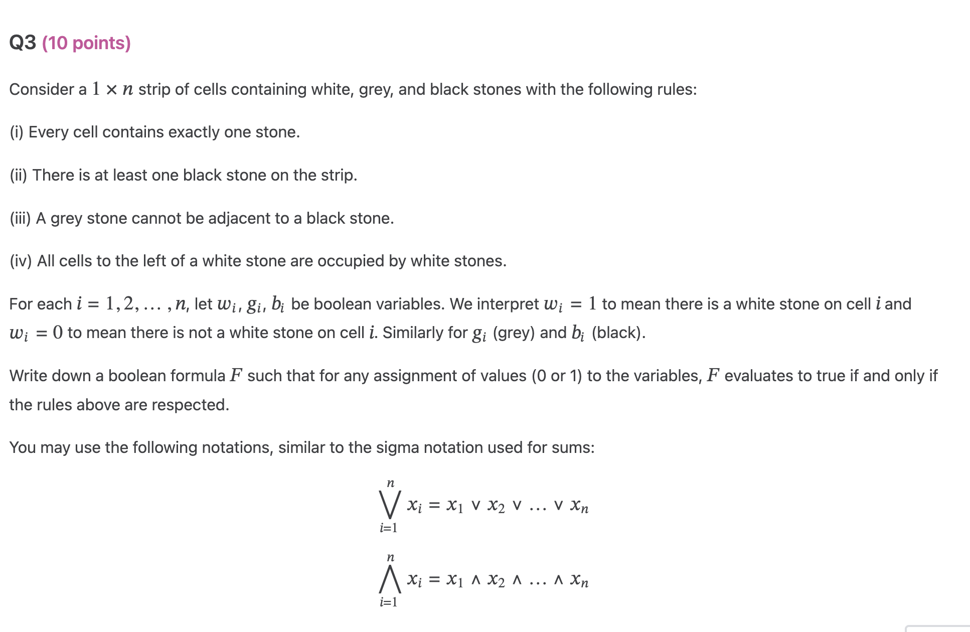  Q3(10 points) Consider a 1n strip of cells containing white, grey,