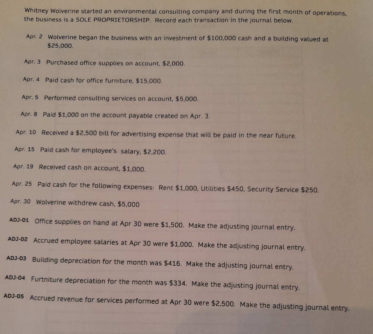  Part A: Basic Journal Entries/Trial Balance Whitney Wolverine started an environmental