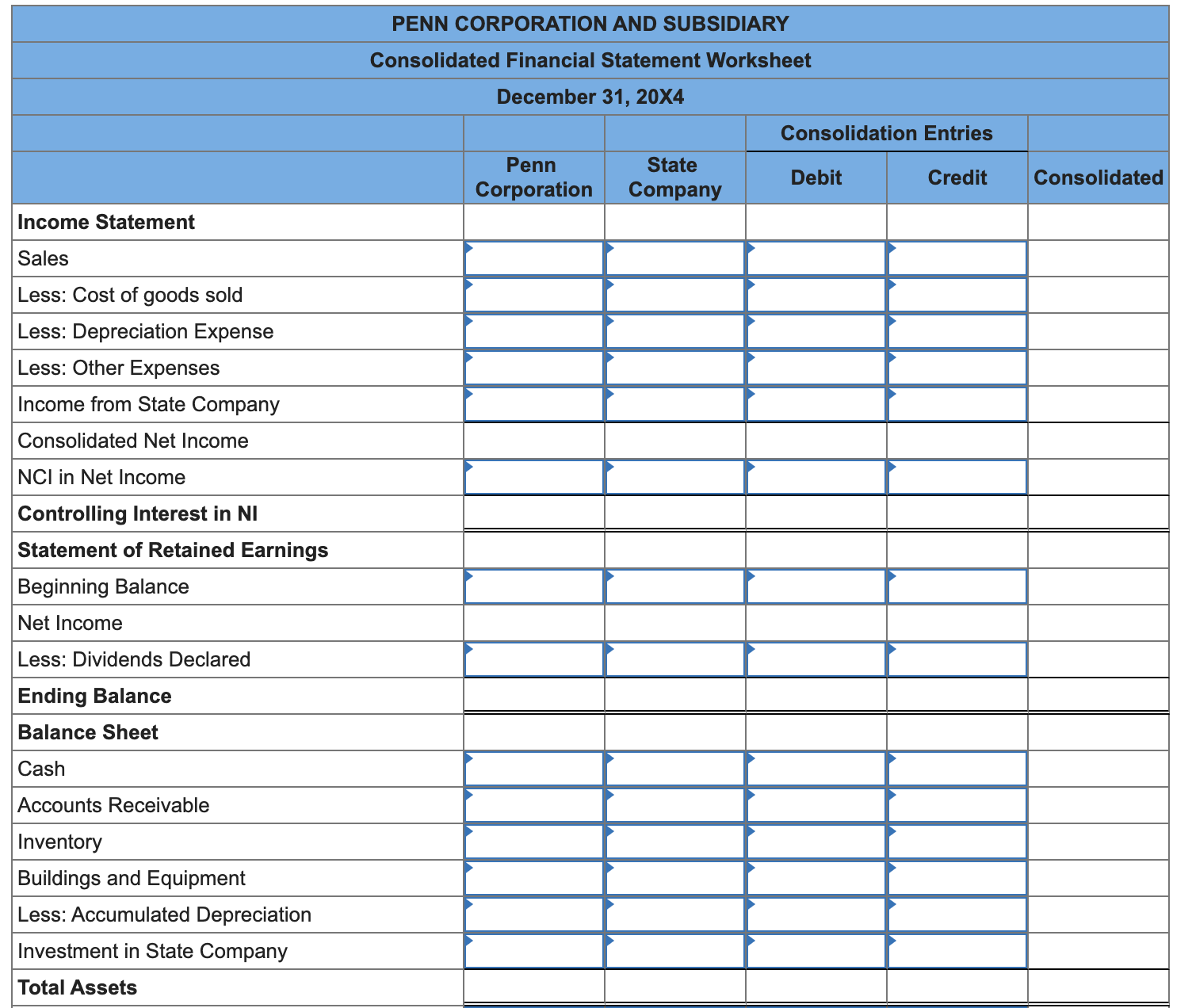 \multicolumn{6}{|c|}{ Consolidated Financial Statement Worksheet } \\ \hline \multicolumn{6}{|c|}{ December 31,20X4} \\