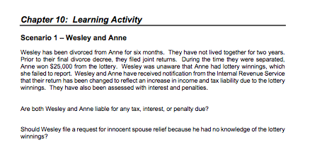 Please do 13-15 Chapter 10: Learning Activity Scenario 1 - Wesley and