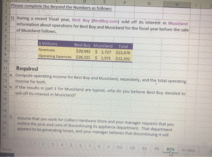 BYN please F 1 Please complete the Beyond the Numbers as follows: