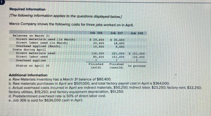 information applies to the questions displayed below] Marco Company shows the following