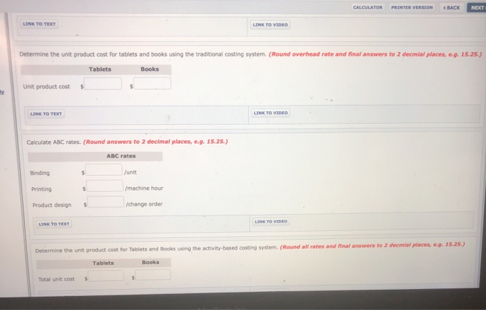 Determine the unit product cost for tablets and books using the traditional