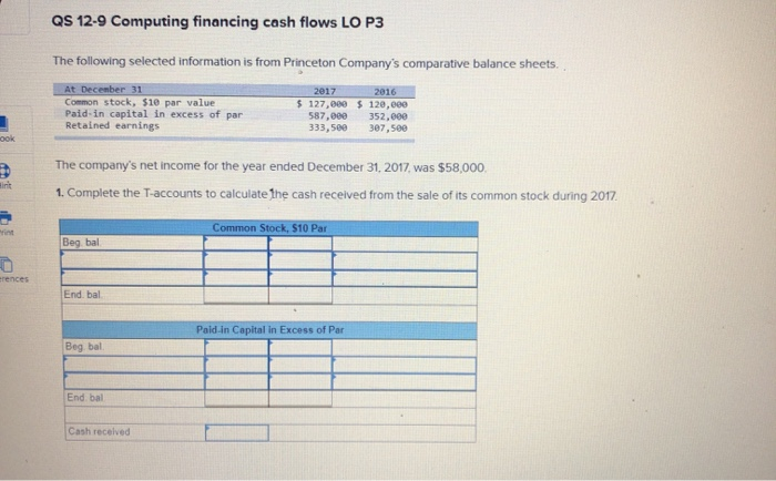  QS 12-9 Computing financing cash flows LO P3 The following selected
