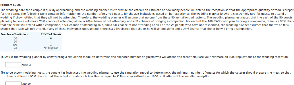 Problem 16-25 The wedding date for a couple is quickly approaching,