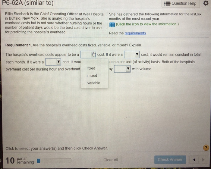 of 20 pts P6-62A (similar to) Question Help Billie Stenback is the