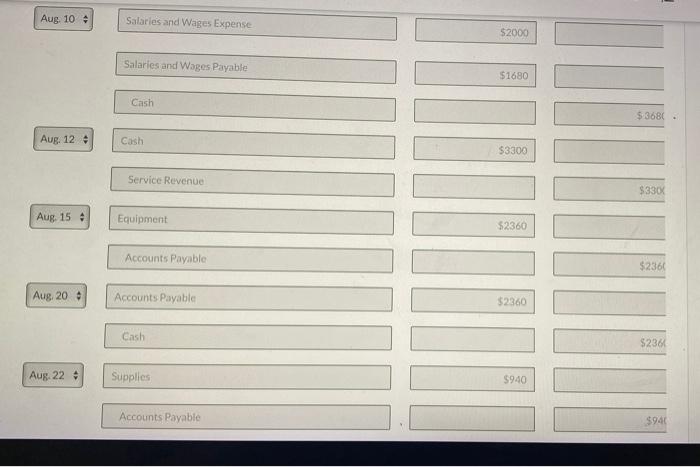 transactions were completed. Aug. 1 3 5 10 12 Paid $470 cash