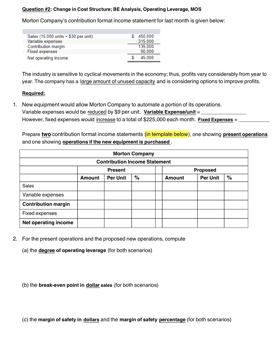 ' Question \#2: Change in Cost Structure; BE Analysis, Operating Leverage, MOS