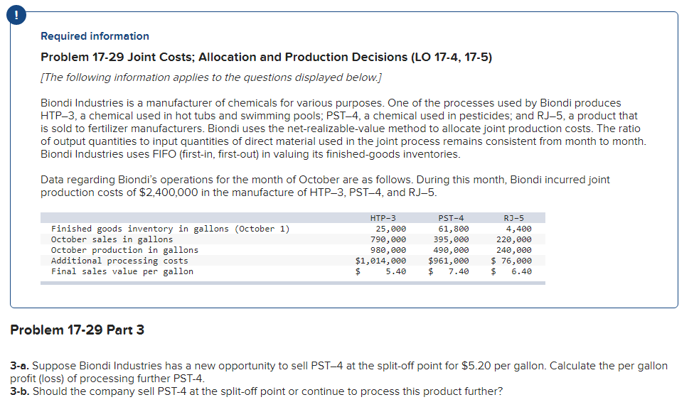 Required information Problem 17-29 Joint Costs; Allocation and Production Decisions (LO