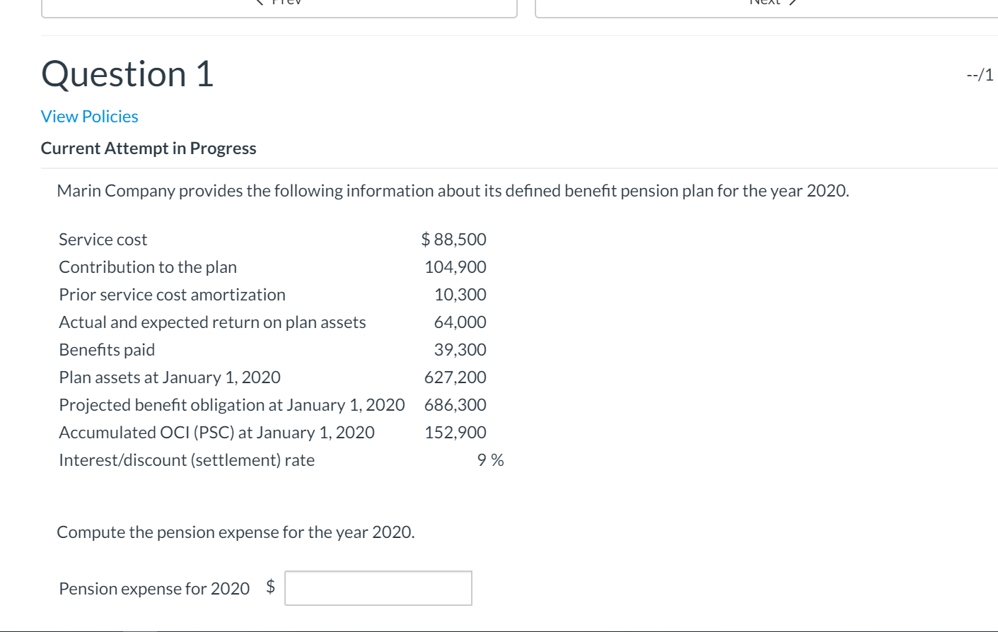  ICAL Question 1 --/1 View Policies Current Attempt in Progress Marin