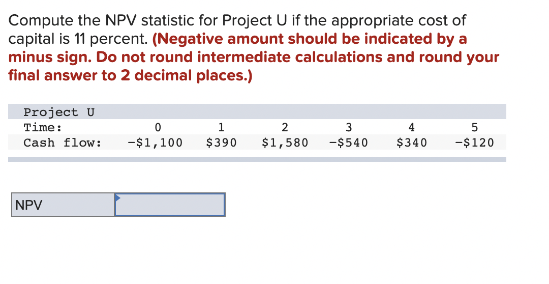  Compute the NPV statistic for Project U if the appropriate cost