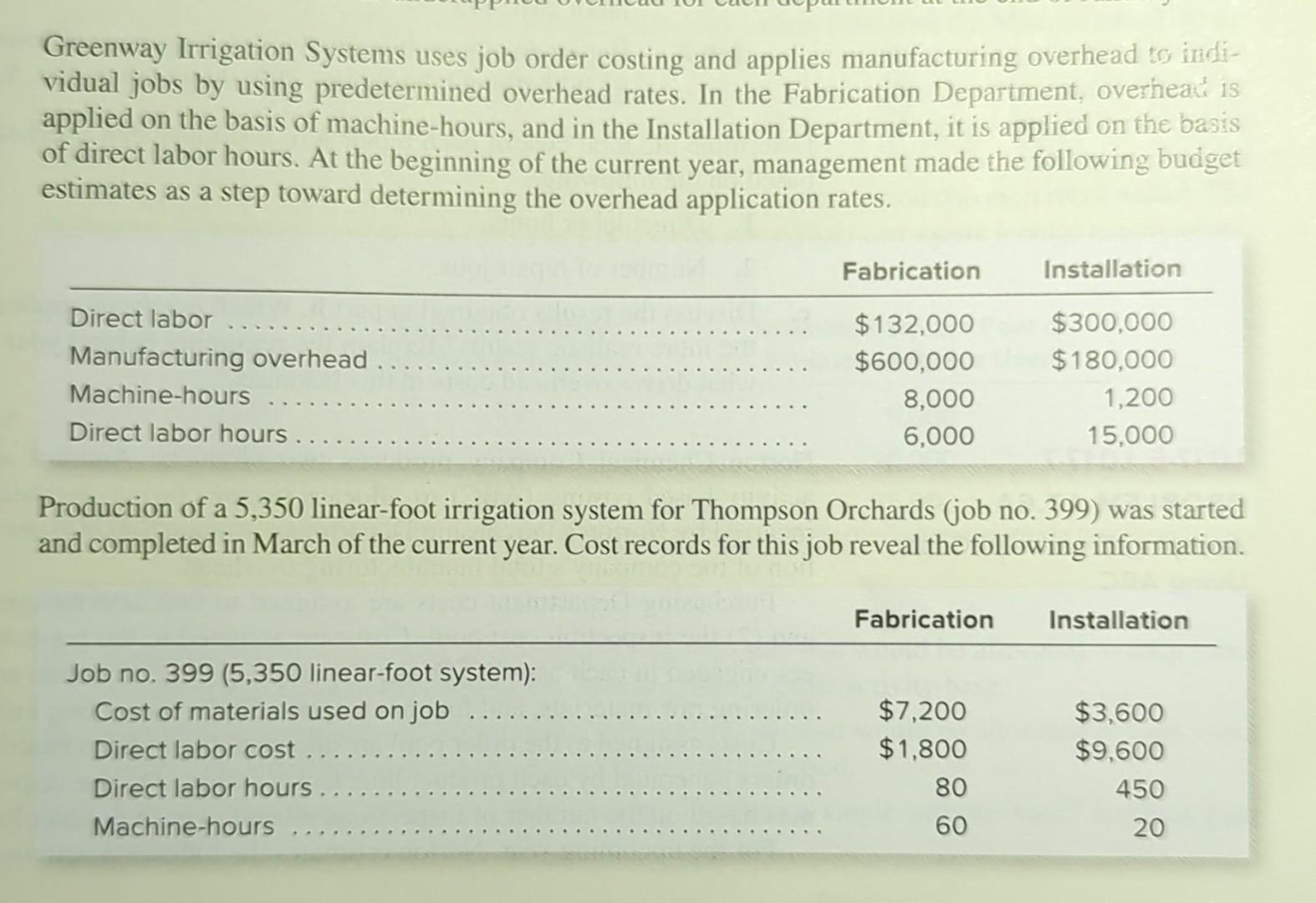 Sample work problem below Greenway Irrigation Systems uses job order costing