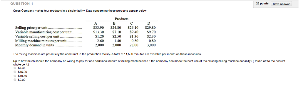 QUESTION 25 points Save Answer Cress Company makes four products in